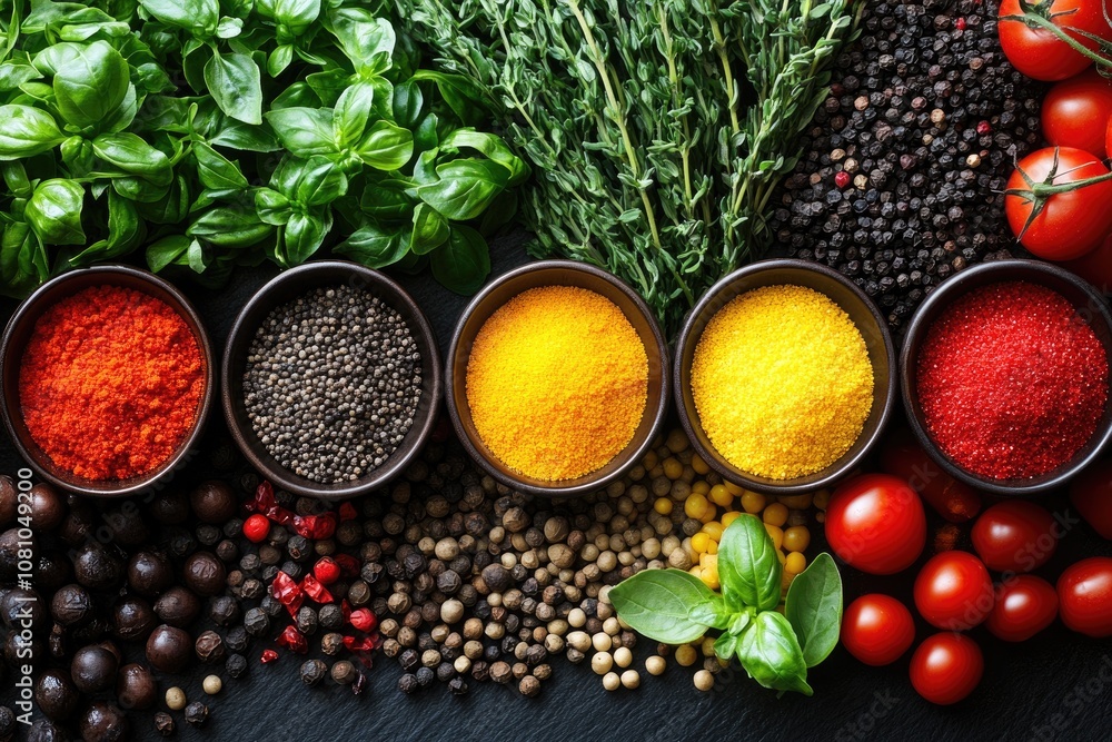 Fototapeta premium Colorful spices and herbs creating a culinary masterpiece on dark background