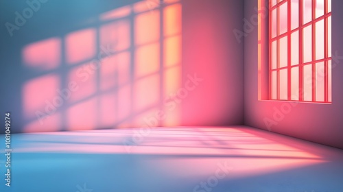 Abstract interior with vibrant red and blue light filtering through geometric window patterns.