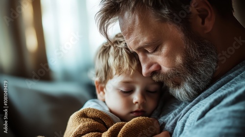 A tender moment captured as a father lovingly holds his sleeping toddler close, highlighting the warmth and bond between parent and child in natural light. photo