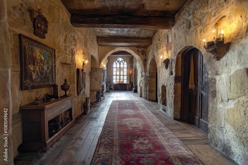 Medieval castle corridor with antique furniture and persian rug leading to arched window