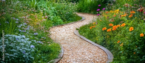 Fototapeta Naklejka Na Ścianę i Meble -  A winding gravel path through a lush garden with vibrant blooms.