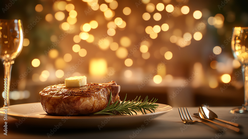 Steak with rosemary sprig and butter, luxury table setup, warm lighting, ultrarealistic with intricate detail on meat Steak with rosemary sprig and butter, luxury table setup, warm lighting, ultrarealistic with intricate detail on meat