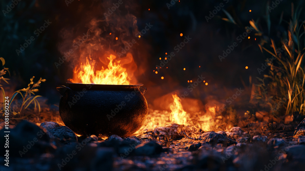 A black pot sits over a blazing campfire, creating a cozy and atmospheric scene. The flames dance and flicker, illuminating the pot and the surrounding area. A black pot sits over a blazing campfire, creating a cozy and atmospheric scene. The flames dance and flicker, illuminating the pot and the surrounding area.