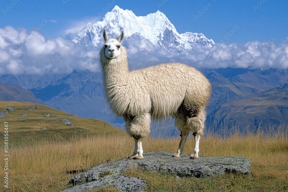 Fototapeta premium White llama standing on a rock in the andes mountains