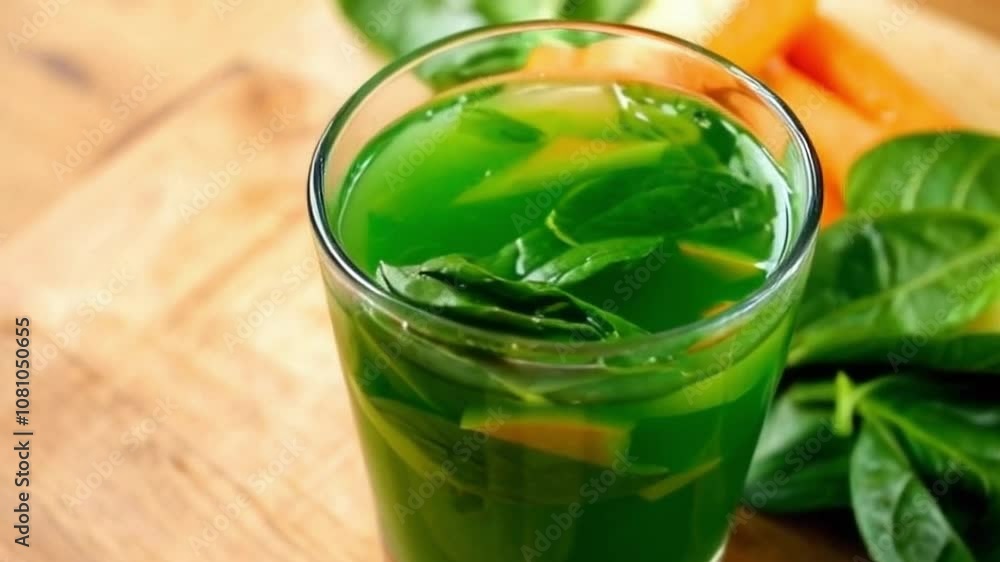 Spinach carrot ginger juice being poured into a glass with fresh ingredients around it Spinach carrot ginger juice being poured into a glass with fresh ingredients around it
