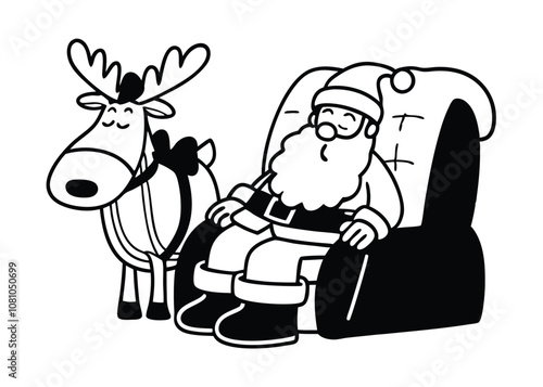 Sleeping Santa with Relaxing Reindeer in Black and White, vector art, holiday greeting