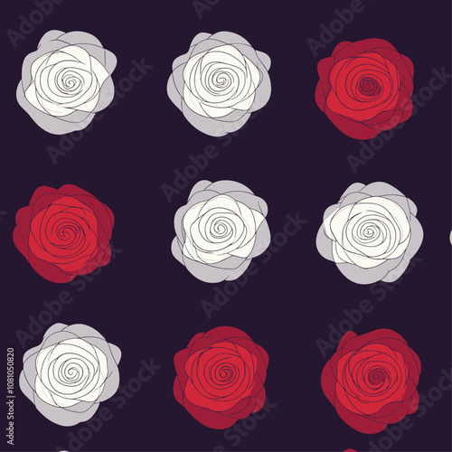 Wallpaper Mural Seamless design of trendy pattern in pale gray and bright red floral rosettes on deep purple backdrop, modern wallpaper, artistic decor, vector illustration, trendy textile. Torontodigital.ca