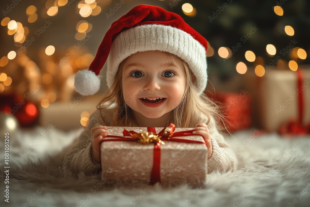 Happy toddler girl holding christmas gift in front of decorated tree Happy toddler girl holding christmas gift in front of decorated tree
