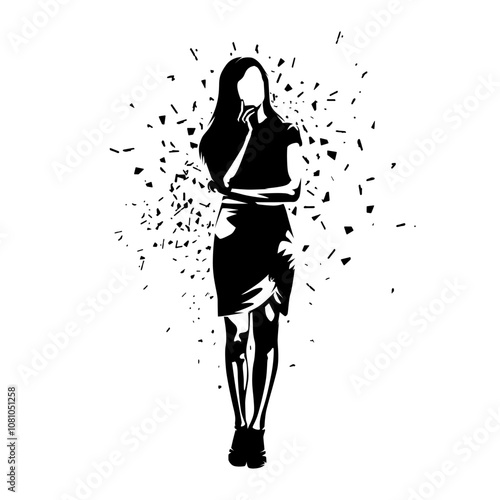 Businesswoman has idea, woman standing and thining, distorted isolated vector silhouette, ink drawing, front view