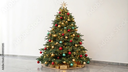 Shiny lights and colorful ornaments on a tree, merry mood, festive atmosphere, colorful baubles, bright lights, shiny ornaments