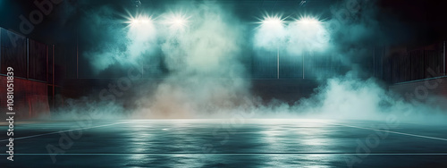 Empty futsal court with artificial lights and smoke at night photo