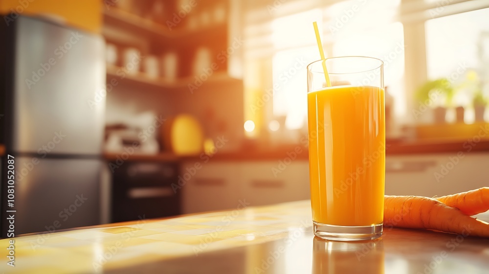 A vibrant orange carrot and ginger juice, in a bright health-focused kitchen A vibrant orange carrot and ginger juice, in a bright health-focused kitchen