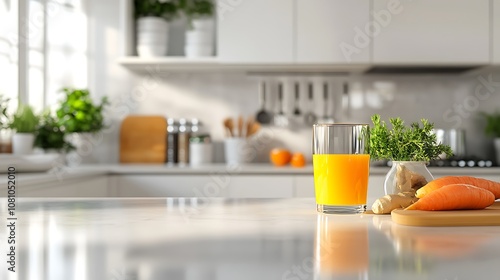 A vibrant orange carrot and ginger juice, in a bright health-focused kitchen