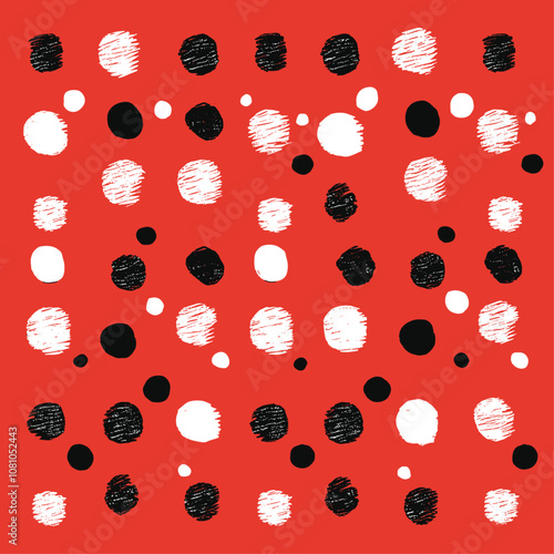 Modern polka dot design in black and deep red on white, trendy pattern, textile design, wallpaper, vector illustration, contemporary poster, stylish home decor.