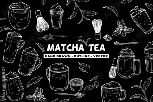 Hand drawn matcha tea background. Vector hand drawn matcha teas in cups with foam or cream. Isolated white outlines of yummy drinks on black background. Illustration is outline only.