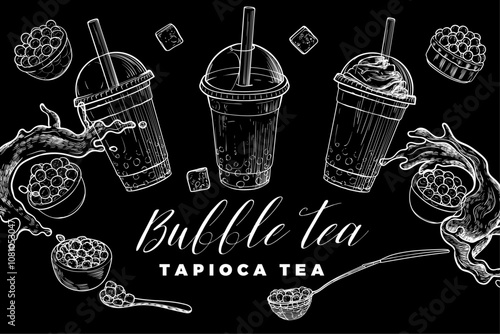Hand drawn vector bubble tea illustration. White outline of milk tea with tapioca pearls on black background. Banner design for social media. Cafe and cocktails drawings. Boba tea for menu design.