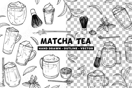 Hand drawn matcha tea background. Vector hand drawn matcha teas in cups with foam or cream. Isolated black outlines of yummy drinks on transparent background. Illustration is outline only.