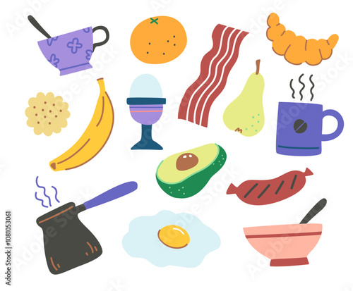 Set of breakfest time in colorful modern style. Vector illustration for design.