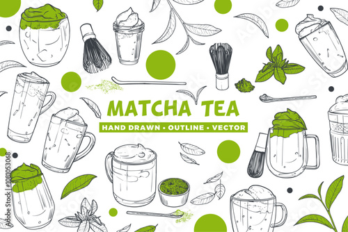 Hand drawn matcha tea background. Vector hand drawn matcha teas in cups with foam or cream. Isolated gray outlines of yummy drinks on white background. Illustration is outline only.