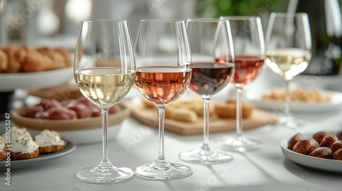 Wine glasses filled with red and white wine alongside a variety of appetizers on a beautifully arranged table.