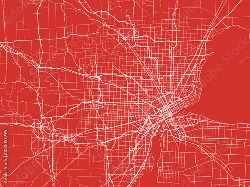 Christmas Map of Detroit Metro Michigan, USA in Snowy White on Festive Red Background.