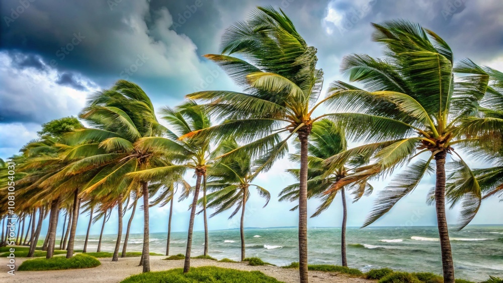 Palm trees bending under the force of strong winds during a tropical storm, with debris scattered around, illustrating the intense weather conditions and the power of the storm. Palm trees bending under the force of strong winds during a tropical storm, with debris scattered around, illustrating the intense weather conditions and the power of the storm.