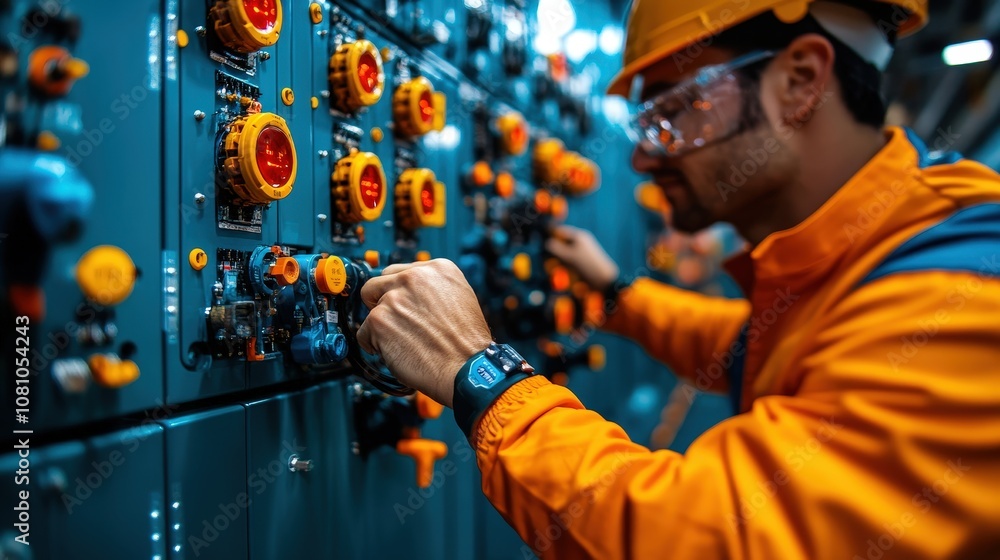 An engineer in a brightly lit control room adjusts switches and dials on a large electrical panel, showcasing modernization, technology, and industrial design. An engineer in a brightly lit control room adjusts switches and dials on a large electrical panel, showcasing modernization, technology, and industrial design.