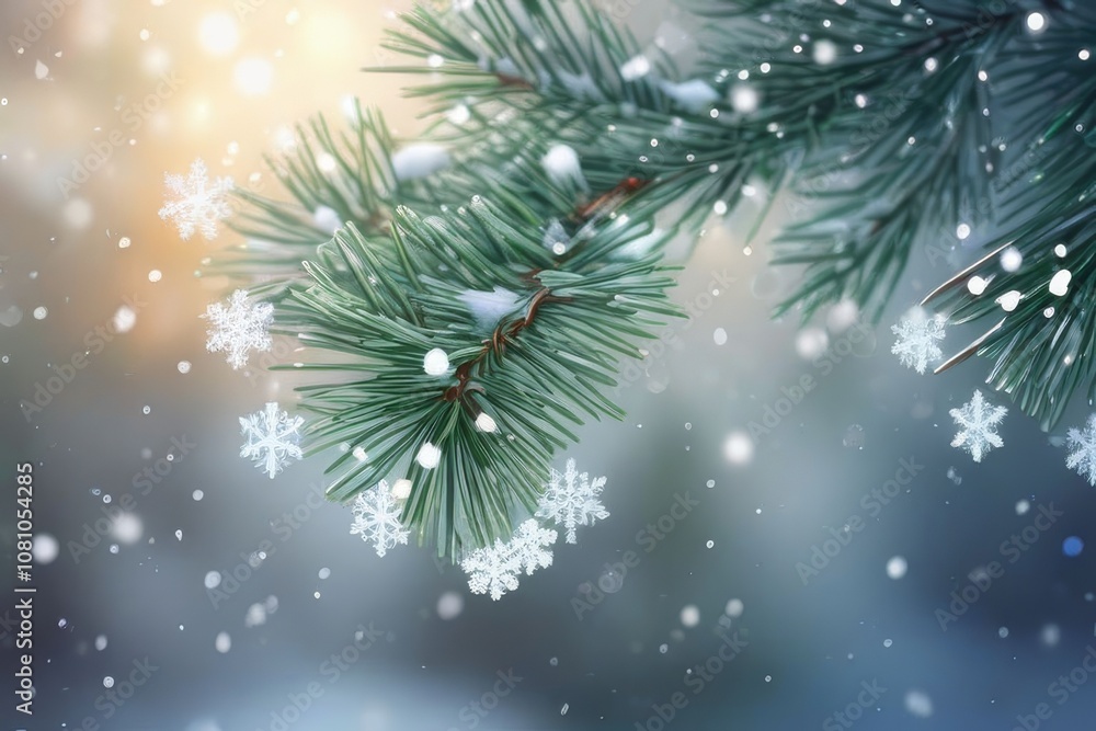 Closeup of Christmas tree with light, snow flake. Christmas and New Year holiday background. vintage color tone.