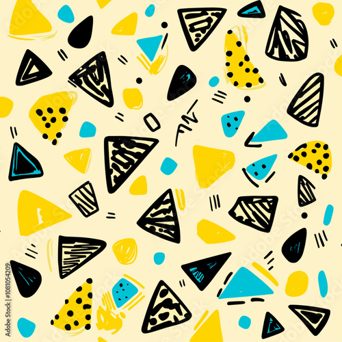 Vibrant trendy pattern with geometric shapes in yellow, cyan, black, magenta, fun design, vector illustration, wallpaper, art. photo