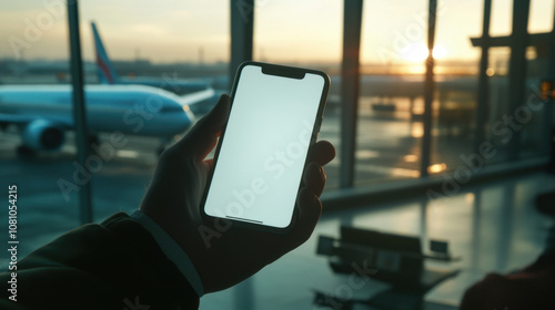 Wallpaper Mural Mans hand holding a phone mockup with white screen, on the indoor airport . Airport lounge zone on background. Torontodigital.ca