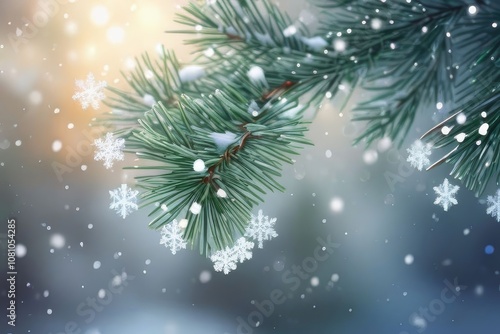 Obraz na płótnie Closeup of Christmas tree with light, snow flake. Christmas and New Year holiday background. vintage color tone. w salonie