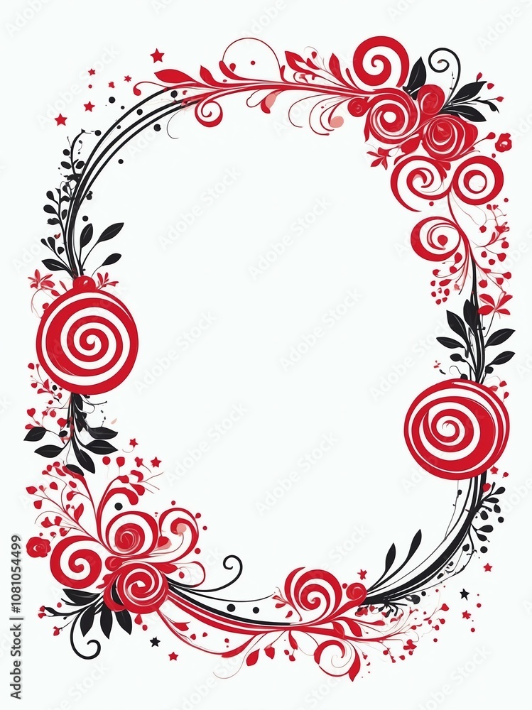 Cute red and black swirls with stars border frame portrait on white background Cute red and black swirls with stars border frame portrait on white background