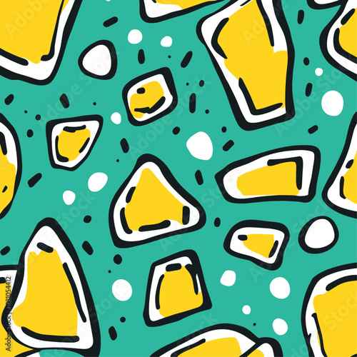 Trendy pattern wallpaper with hand-drawn funky shapes, bold black outlines, yellow and cyan colors, white spots, vector illustration. photo