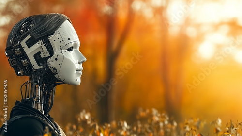 A Captivating Side Portrait of a Futuristic Robot Head Amidst a Vibrant Autumn Backdrop, Showcasing Intricate Design and Technology