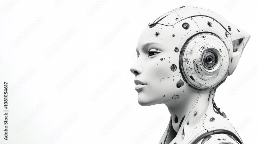 A Close-Up Portrait of a Sleek Modern White Robot Head Against a Clean White Backdrop, Capturing the Essence of Futuristic Technology