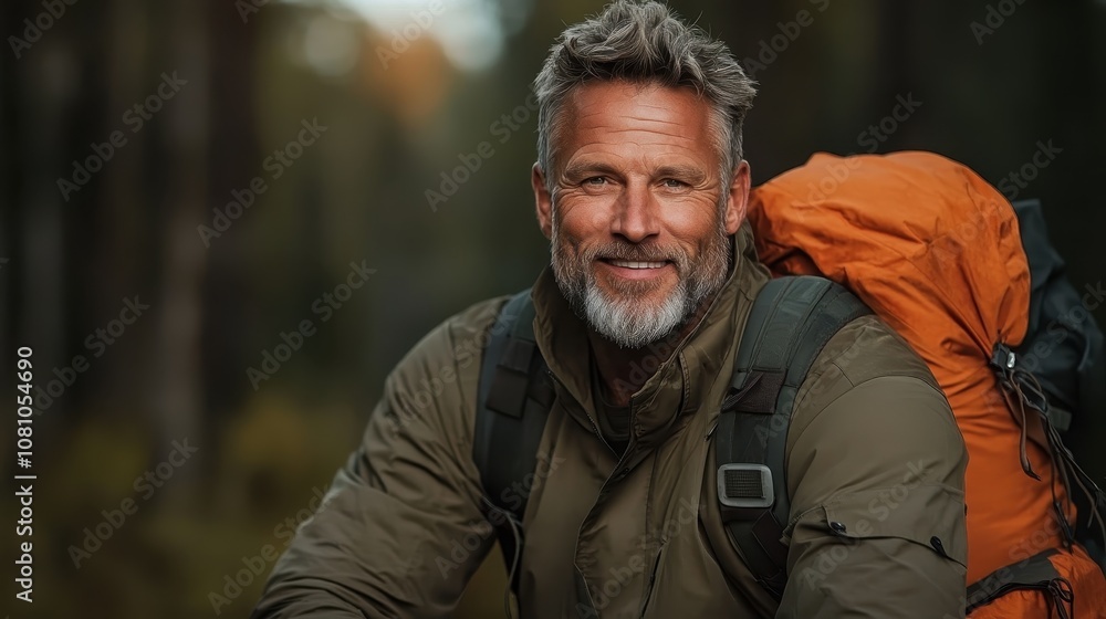An older man, wearing a warm jacket and carrying a backpack, smiles contentedly in an autumn forest, representing exploration, vitality, and joy in nature. An older man, wearing a warm jacket and carrying a backpack, smiles contentedly in an autumn forest, representing exploration, vitality, and joy in nature.