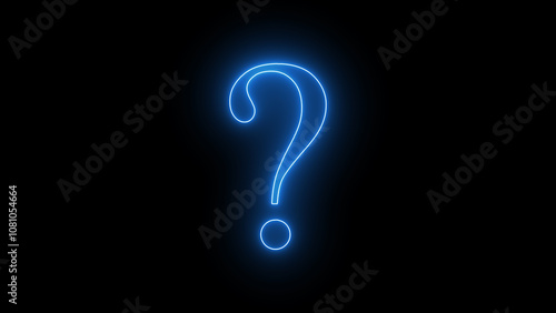 Bold neon blue question mark glowing on a deep black background, inviting curiosity.