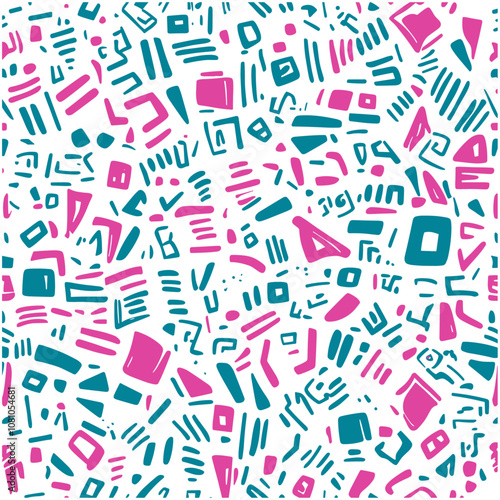 Fun, trendy pattern wallpaper with playful geometric shapes in cyan and magenta, pop culture style vector illustration, bold design, stylish interior accents, modern artwork.