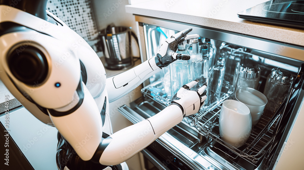 A Futuristic Robot Tidies up the Kitchen by Expertly Cleaning and Arranging Dishes in the Dishwasher During a Sunny Afternoon at Home