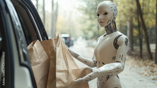 Obraz na płótnie A Friendly Robot Assists Shoppers in Carrying Bags From the Car in a Serene Park Setting on a Sunny Afternoon w salonie