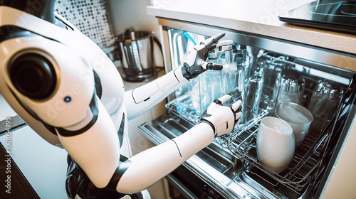 Obraz na płótnie A Futuristic Robot Tidies up the Kitchen by Expertly Cleaning and Arranging Dishes in the Dishwasher During a Sunny Afternoon at Home w salonie
