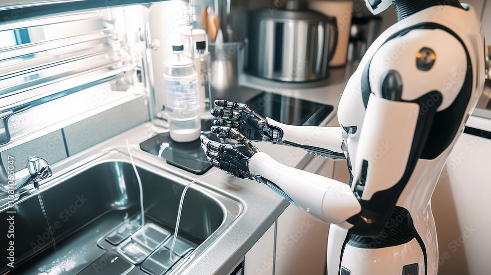 A Futuristic Cleaning Companion Diligently Washes Dishes in a Modern Kitchen, Showcasing Advanced Technology in Daily Household Chores