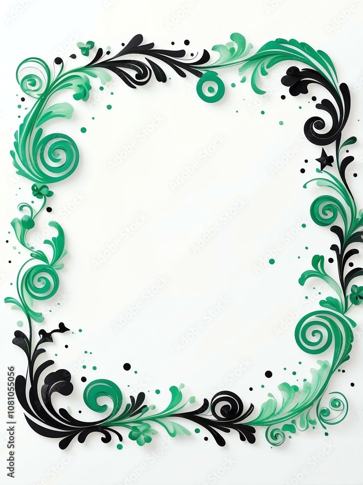 Cute green and black swirls with stars border frame portrait on white background Cute green and black swirls with stars border frame portrait on white background