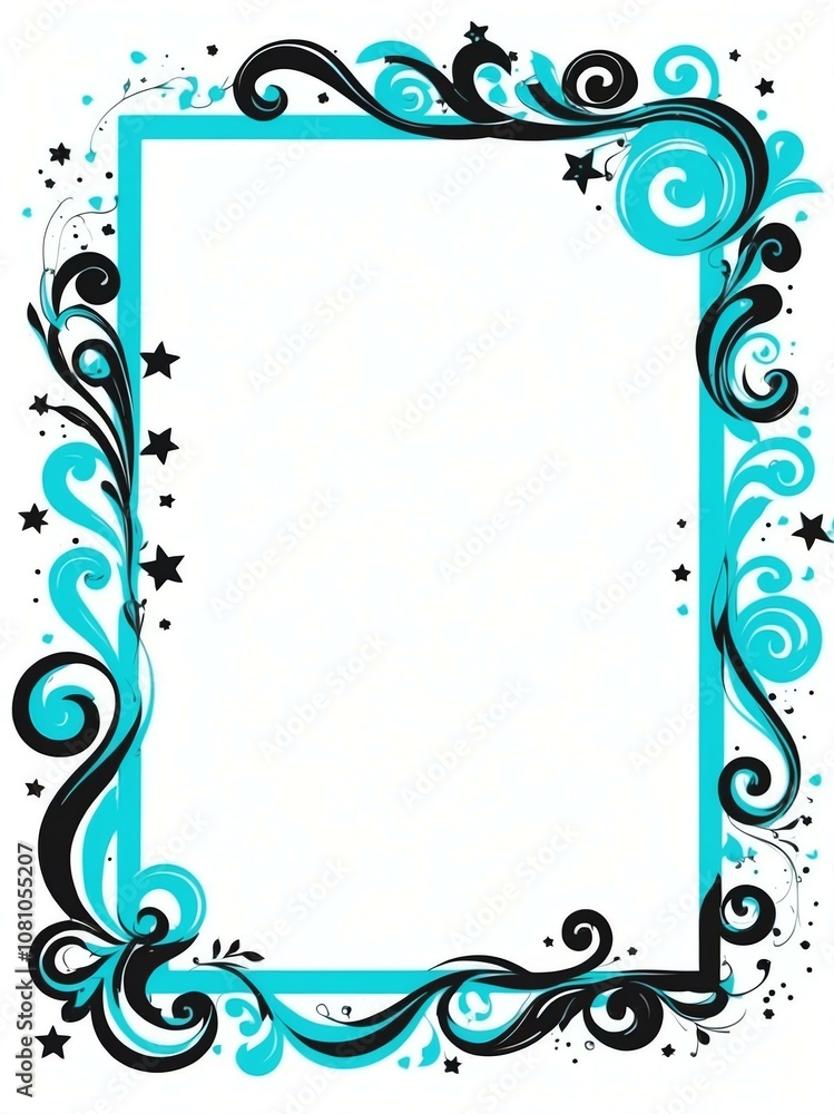 Cute cyan and black swirls with stars border frame portrait on white background Cute cyan and black swirls with stars border frame portrait on white background