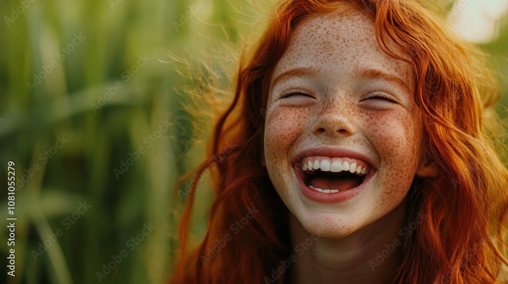 Portrait of a young girl with freckles and red hair, laughing with a natural outdoor background, vibrant and joyful expression Portrait of a young girl with freckles and red hair, laughing with a natural outdoor background, vibrant and joyful expression