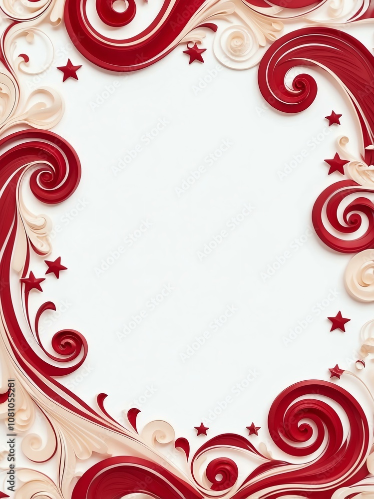 Cute crimson and ivory swirls with stars border frame portrait on white background Cute crimson and ivory swirls with stars border frame portrait on white background