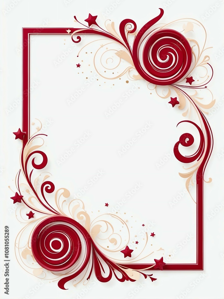 Cute crimson and ivory swirls with stars border frame portrait on white background Cute crimson and ivory swirls with stars border frame portrait on white background