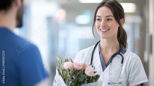 Smiling Nurse in Hospital Receiving Flowers as a Thank You Gesture
