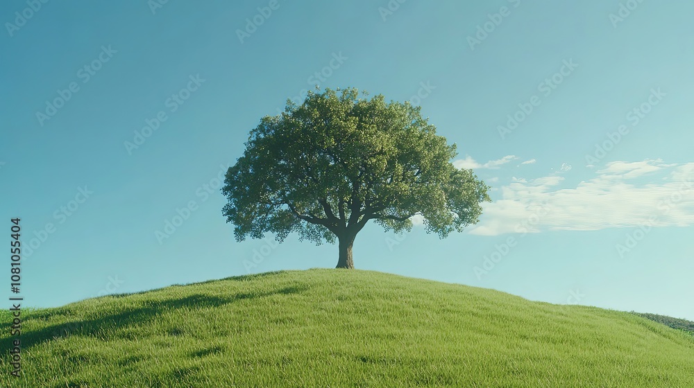 Fototapeta premium A solitary tree on a grassy hill under a clear blue sky.