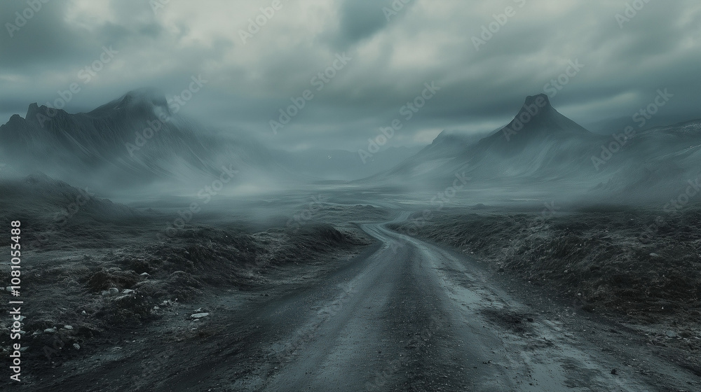 Fototapeta premium A Lonely Road Weaving Through a Desolate, Fog-Covered Landscape